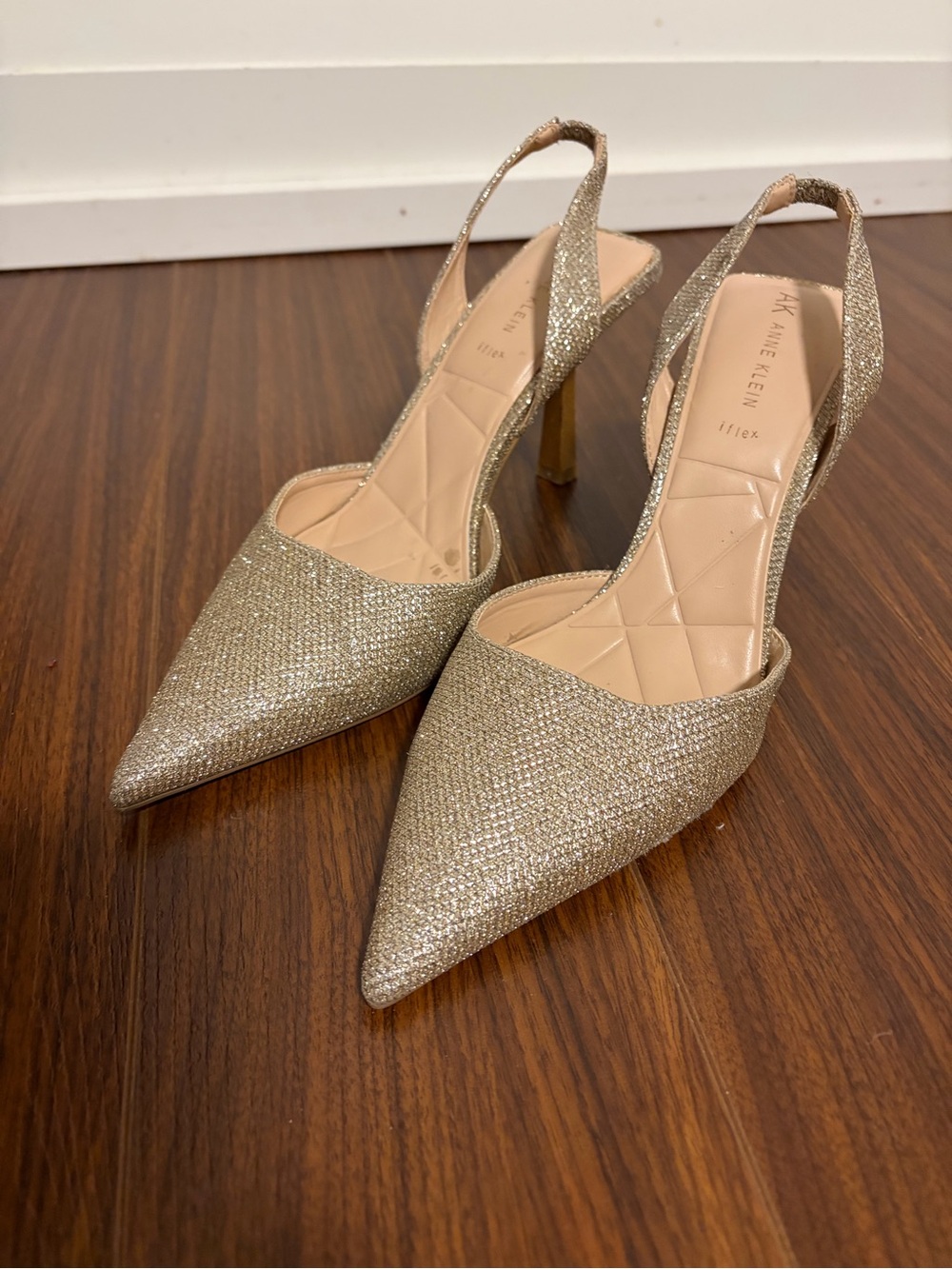 Anne Klein Champagne Glitter Slingback Pointed Toe Heels